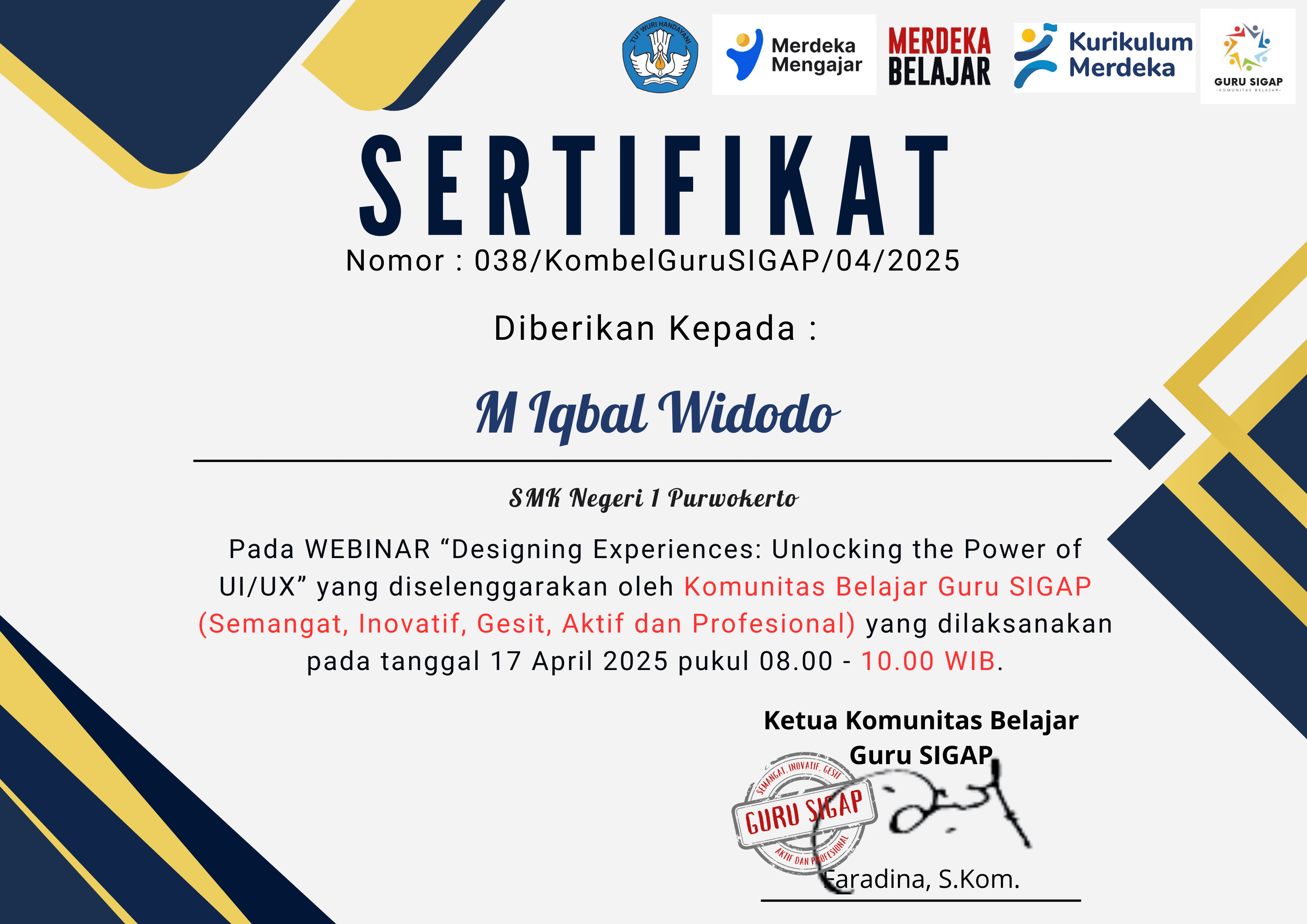 Webinar Designing Experiences certificate